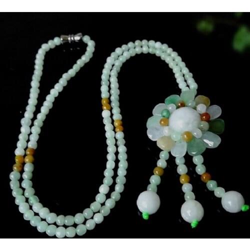 Natural Myanmar Emerald Jadeite Jade Pendant Necklace For Women Sun Flower Pendants Round Bead Sweater Chain Female Fine Jewelry