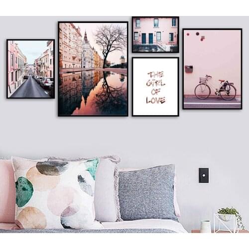 Pink Romantic Prague Style Architecture Wall Art Canvas Painting Nordic Posters And Prints Wall Pictures For Living Room Decor