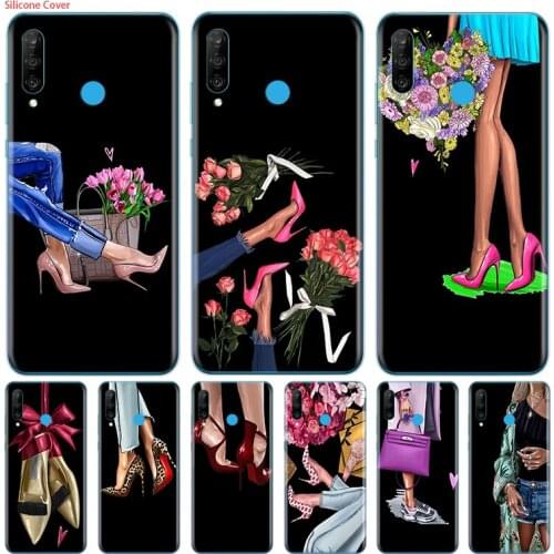 High Heels Flower Girl Silicone Cover For Huawei P40 P30 P20 P10 P9 P8 Pro Plus Lite E Mini 2019 2017 Phone Case