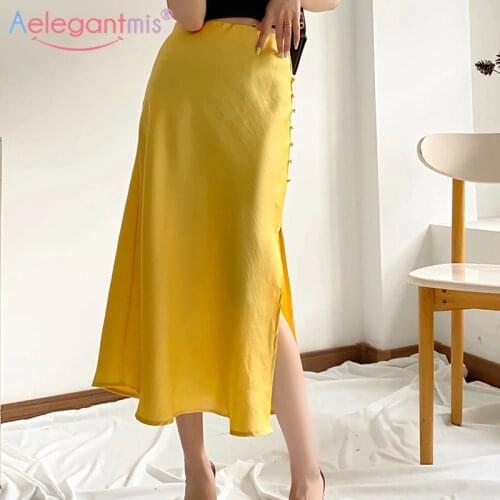 Aelegantmis Elegant Solid Satin Skirt Women Split Solid Long Skirts for Womens Sexy Button Soft Mid-Calf Green Skirts Female