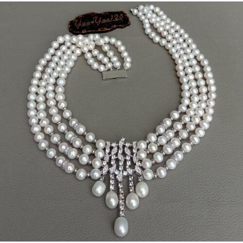 YYGEM 4 Strands Cultured White freshwater Pearl chokers Necklace cz pave silver color connector