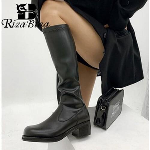 RIZABINA New Genuine Leather Knee High Boots Women Thick Heels Fashion Winter Shoes Woman Boot Cool Ladies Footwear Size 34-39