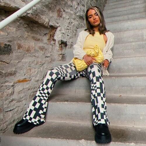 Women Spring High Waist Geometric Print Flare Pants 2021 Fashion Cotton Y2K Hip Hop Plaid Trousers Sexy Skinny Streetpants P026