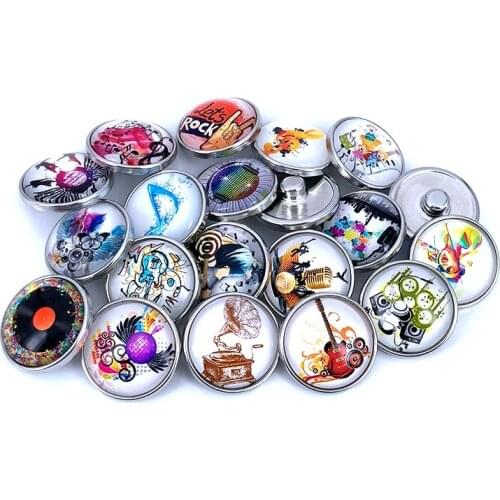 20pcs/lot 18mm 20mm Musical Note Pattern Glass Cabochon Snap Buttons for DIY Snaps Bracelet Necklace Glass Charm Findings N003