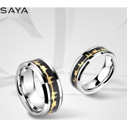 2021 Men Tungsten Wedding Rings, Inlay Black Carbon Fiber and Heart Beating Pattern Gift Jewelry, Free Shipping, Engraving
