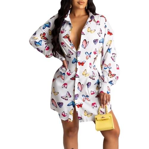 2021 New Style Women Sexy Shirt Dress Autumn Butterfly Print Long Sleeve Mini Dress Fashion Streewear Clothes High Quality