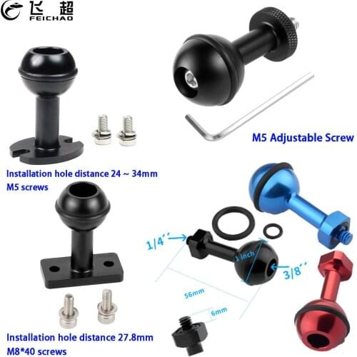 1 inch Ball Head Adapter 1/4" M5 Adjustable Screw Fixed Mount for GoPro Action Camera Underwater Diving Bracket Tray Clamp