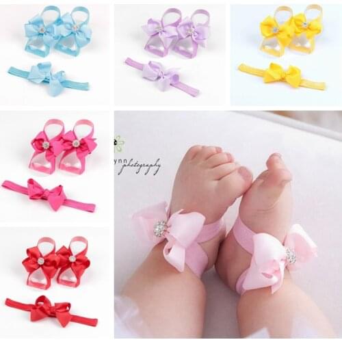 Infant Baby Girls Bowknot Barefoot Sandals and Newborn Grosgrain Ribbon Bow Headbands Hair Accessories Set Kid Birthday Gifts