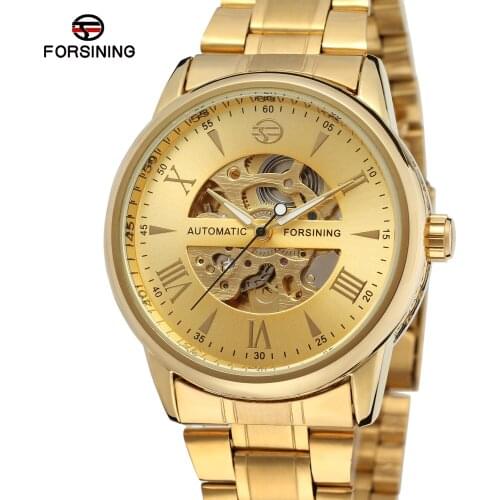Forsining Top Brand Full Gold Steel Relogio Masculinos Golden Dial Skeleton Mens Clock Luxury Automatic Men Mechanical Watches