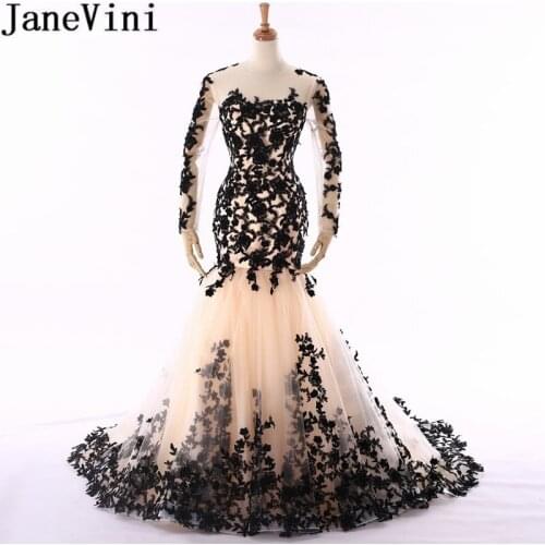 JaneVini Nigeria Black Evening Dresses Plus Size Sheer Long Sleeve Mermaid Party Gowns Saudi Arabia Beaded Lace Dinner Dresses