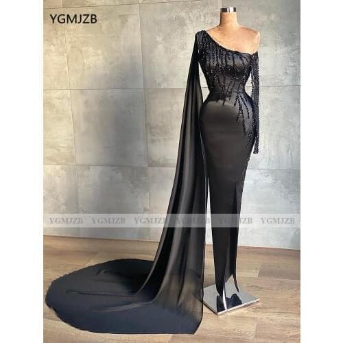 Black Evening Dresses 2021 Mermaid Off Shoulder Long Sleeves Beads Crystal African Women Girls Formal Prom Party Gowns