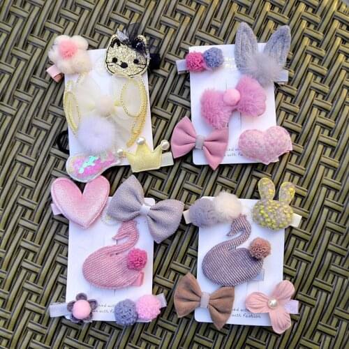 HUANSHI Super cute fluffy hair bow animal Kids hair clips for girls hair ties swan crown barrette 5pcs girls hair accessories