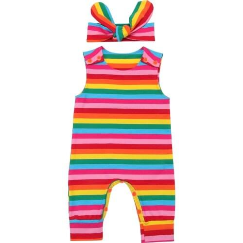 New Baby Girls Cute Rainbow Stripe Summer Romper Jumpsuit+Hair Band For Newborn Baby Girls Clothes Outfits 2pcs 0-18M