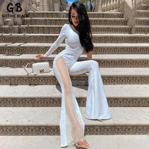 Gothblack Jumpsuits Solid Single Shoulder Long Sleeve Mesh Patchwork Loose Flare Pants Sexy Slim Party Streetwear Women Outfits