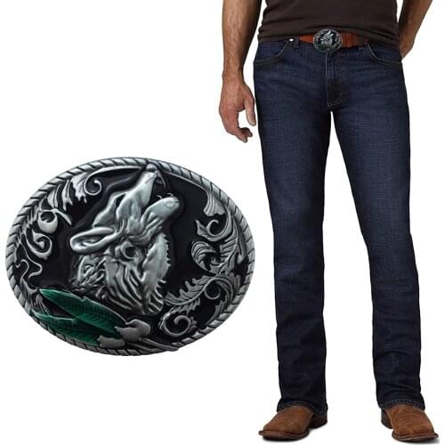 Western Cowboy Men Cool Wolf Oval Belt Buckle Black Enamel