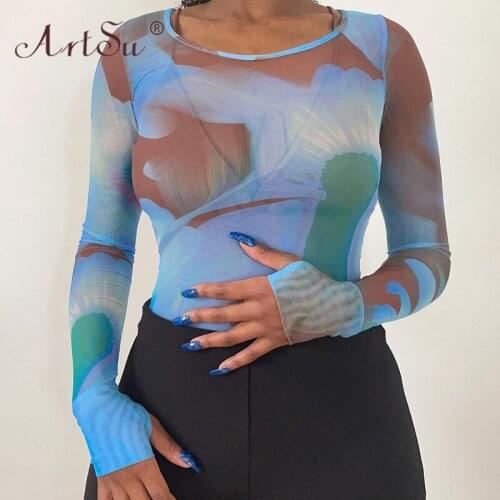 ArtSu Retro Tie Dye Printed Mesh Crop Top Long Sleeve Tees See Through Sexy Women Streetwear Round Neck Slim Tshirts Summer Tops