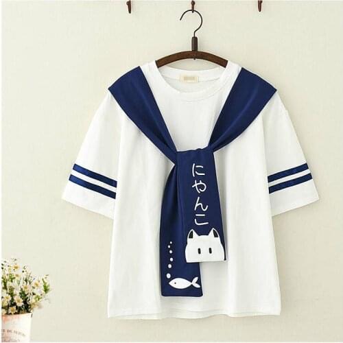 Summer Cat Printing Lace-up Short-Sleeved Girls Soft Cute Girls Top