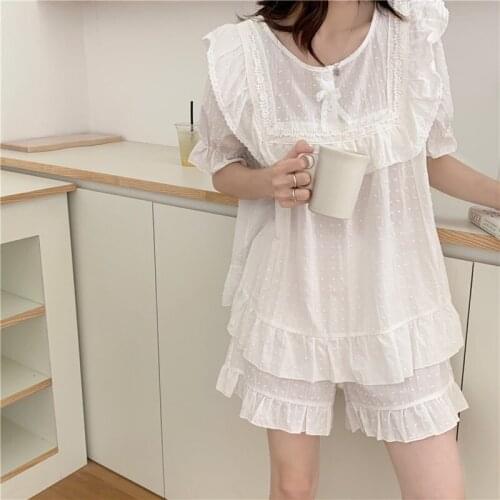 O-Neck Summer Pajamas Set Women Polka Dot White Home Suit Sweet Elegant Korean Sleepwear Home Clothes Lace Shorts Set