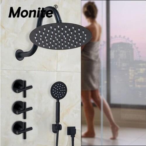 Monite Square Shower Head Waterfall Spout Shower Faucet Set 8 12 16 Inch Black Shower Rainfall Tub Shower Faucet Bathtub Rain