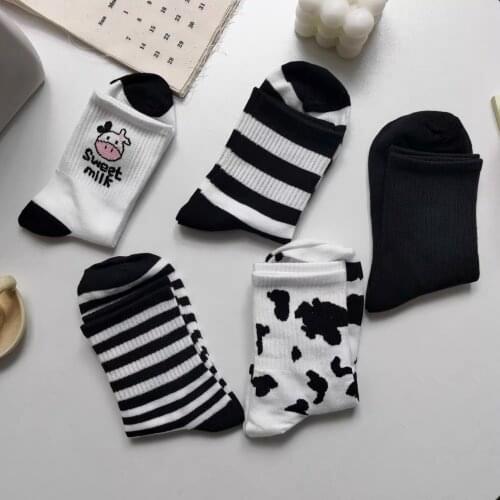 Striped Socks Funny Cow Print White Cartoon Calcetines Cozy Harajuku Skarpetki Damskie Cute Animal Chaussettes Kawaii Happy Sock
