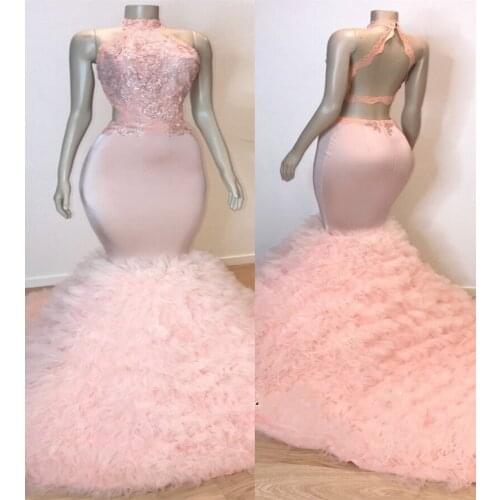 New Black Girls Chic Halter Pink Mermaid Prom Dresses 2019 Lace Tulle Evening Formal Gowns Vestidos de Festa