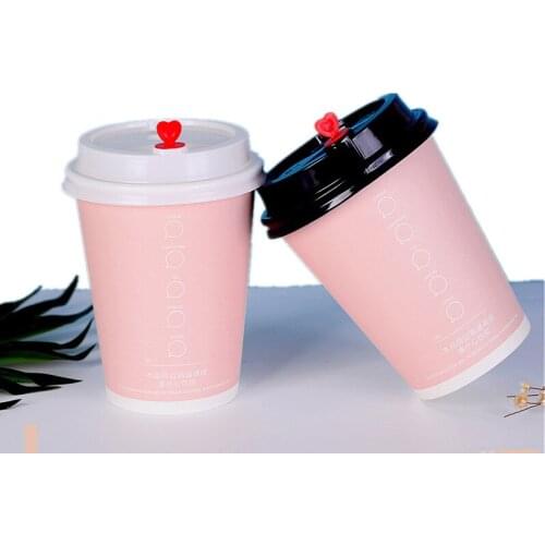 50pcs 500ml disposable coffee cup cold and hot drink takeaway packaging cups party favor pink thick paper cup with lids