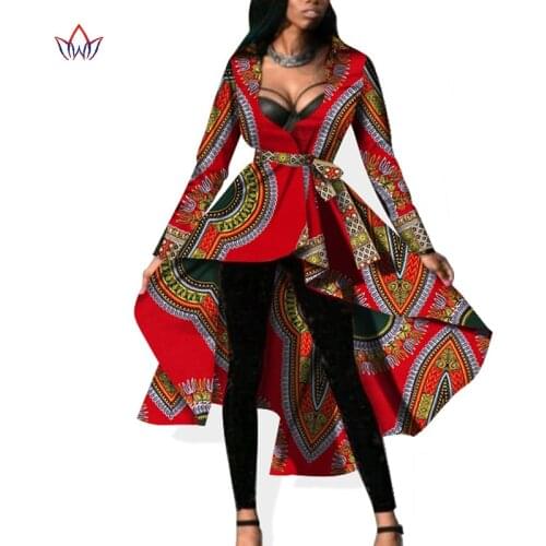 2021 Autumn African Ankara Print Women Jacket with Belt BINTAREALWAX Full Sleeves Single Breasted Women Cotton Jacket WY596