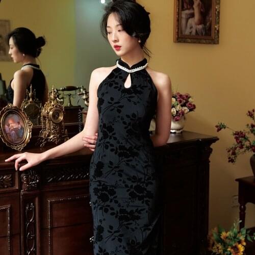 Chinese Women Dress Cheongsam Modern Qipao Sexy Black Sleeveless Embroidery Evening Party Bodycon Dresses Eleglant for Women
