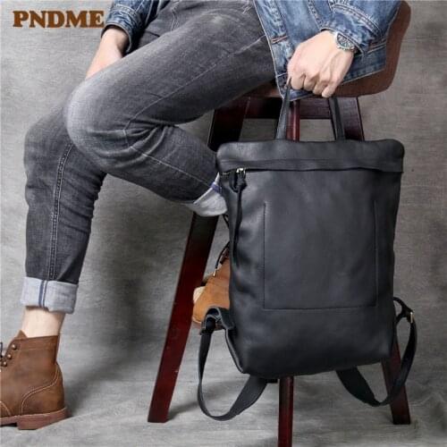 PNDME high quality first layer cowhide mens backpack simple large capacity genuine leather travel luxury black laptop bagpack