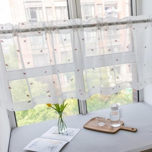 Chicity Countryside style Half-curtain Transparent Tulle Door Curtain Pink Embroidered Flowers Short Curtain for window