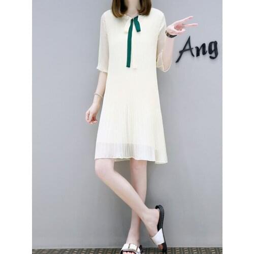 Chiffon vestidos summer plus size loose five-point sleeves pleated solid color knee fashion All-match ruffled bow dress D231