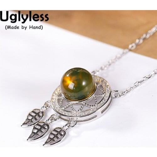 Uglyless 925 Silver Tassels Leaves Necklaces Women Natural Blue Amber Pendants + Chain Exotic Tribe Dress jewelry Hollow Flower