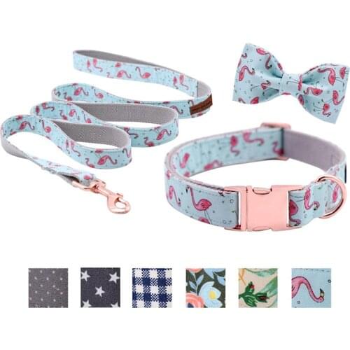 Unique Style Paws Dog or Cat Collar or Leash Set Pink Flamingo with Pure Cotton Bows for Pets
