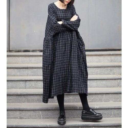 Vintage loose medium-long fluid plaid one-piece dress 2020-04