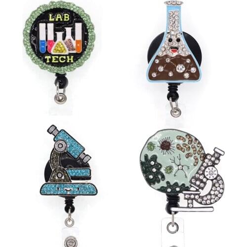 Hot sell Laboratory Instrument Microscope Beaker Rhinestone Enamel Retractable ID Badge Holder Reel