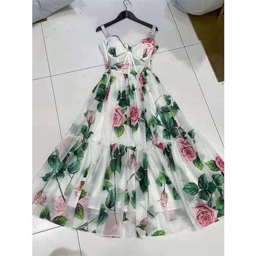 2021 Summer Rose Floral Bohemian Party Dress Womens Spaghetti Strap Backless Sexy Padded Cup Flower Print Beach Elbise Robes