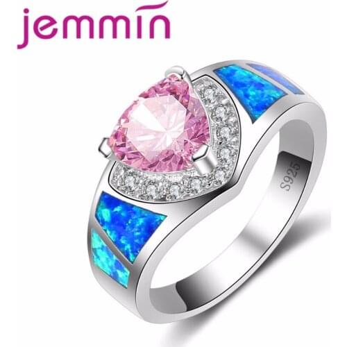 Blue Fire Opal Heart Ring with Pink Crystal Jewelry for Women Wedding Engagement Promise Statement Anniversary Jewelry
