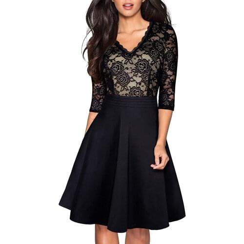 BIHUO Womens Chic V-Neck Lace Patchwork Flare Party Dress