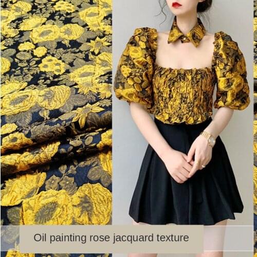 Light luxury oil painting rose-dyed jacquard womens fabric bubble dress brocade clothing fabric three-dimensional relief