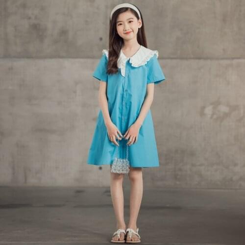 2021 Girl Dress Summer Children Princess Dresses Elegant Blue Short Sleeve Dress for Girls Teen Kids Clothes Costume 6-16Y