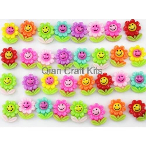 250pcs sun flower smiling w/ leaves Flatback multicolor resin flower Cabochons 19mm DIY, scrapbook, hair bow