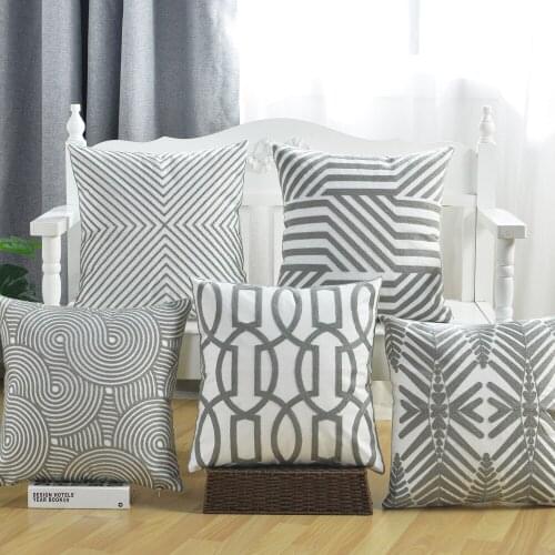 45cmx45cm Nordic Home Decor Embroidery Cushion Cover Grey Striped Geometric Canvas Cotton Square Embroidery Pillow Case Covers