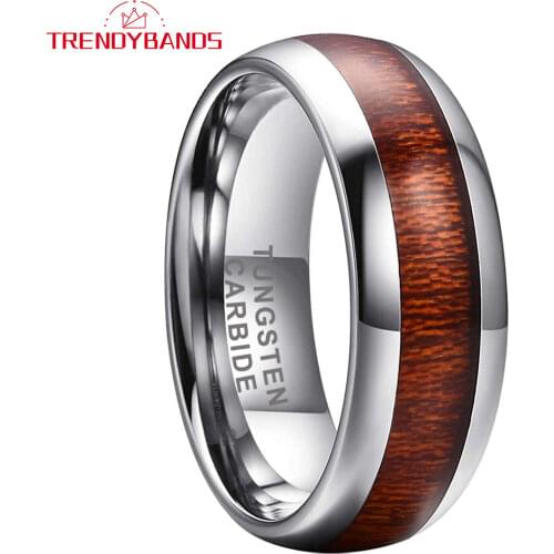 8MM Tungsten Couple Rings Wedding Band Koa Wood Inlay Domed Polished Shiny Comfort Fit