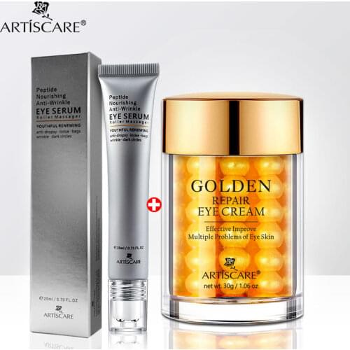 ARTISCARE Peptide Anti Wrinkles Eye Serum Roller Massager + Golden Eye Cream Anti Fine-Lines Dark Circles Anti-Aging Eye Care