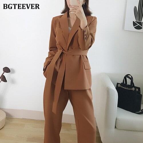 BGTEEVER Stylish Chic Women 2 Pieces Blazer Set Long Sleeve Lace-up Jackets & Solid Suit Pants Spring Female Pant Suits 2021