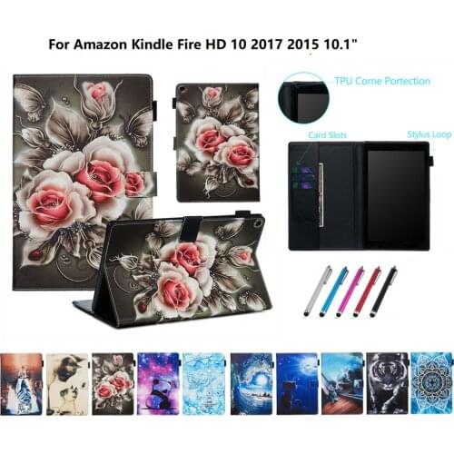Capa Fundas For Amazon Kindle Fire HD10 2017 Tablet Case For Amazon HD 10 2015 2017 Cartoon Print Flip Leather Stand Cover Pen