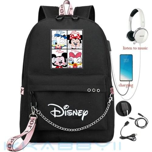 Disney Mickey Minnie Prints Boys Girls Kids School bag Women USB Chain Backpack Canvas Men Bagpack Packsack Bookbag