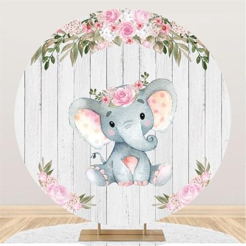 Baby Elephant Flowers Wooden Board Circle Round Backgrounds Photography Birthday Gender Revealed Photozone Poster Photo Backdrop