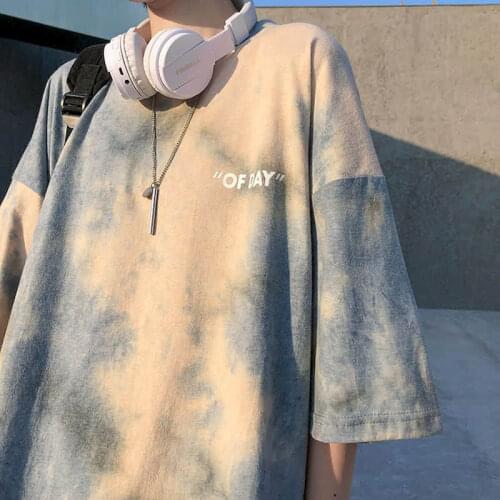 Short-sleeved t-shirt Hong Kong style summer new embroidery tie-dye trend Korean version of loose mens half-sleeved student