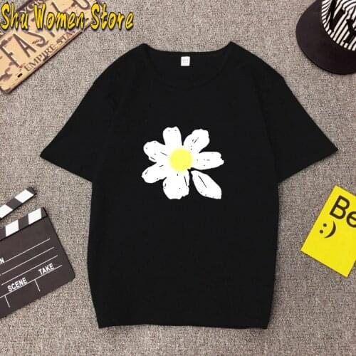 Chrysanthemum print Japanese Vintage summer tees large size fun sweet Harajuku cute ins Ulzzang female short-sleeved T-shirt